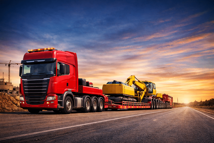Heavy haulage truck transporting excavator for machinery and heavy equipment transport in the UK.