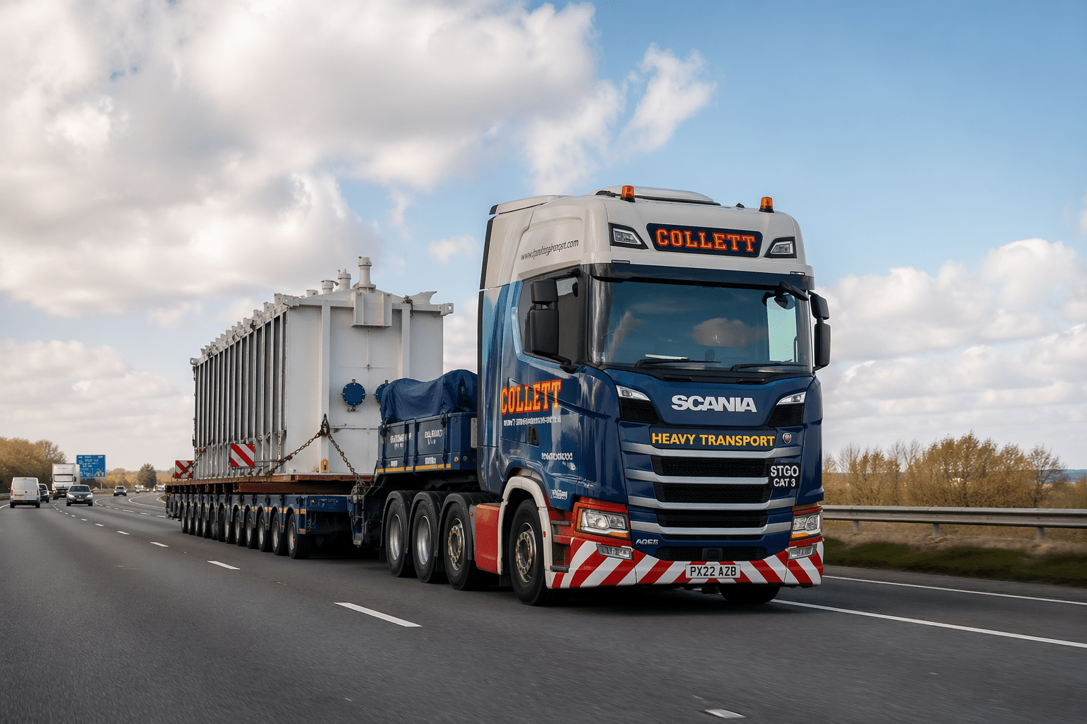 Same day freight delivery UK — heavy goods truck transporting a large pallet load on UK motorway with HP Transport Solutions