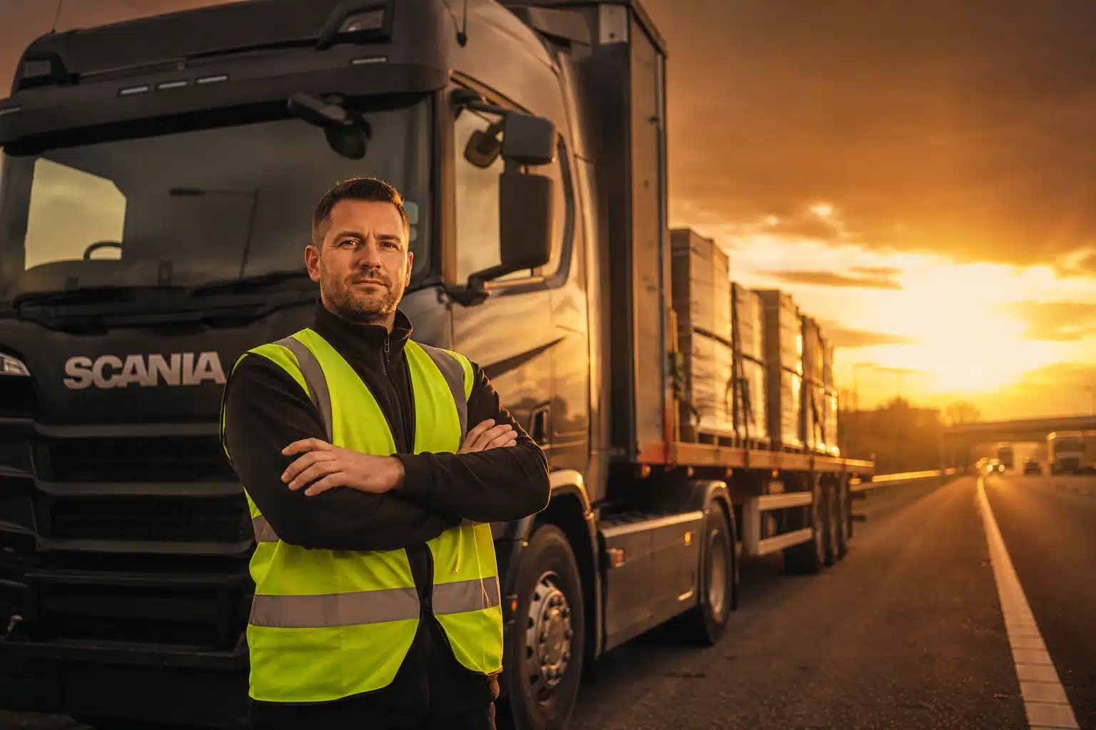 UK business owner using same day freight delivery service — HP Transport Solutions heavy goods truck loaded with pallets ready for nationwide UK delivery