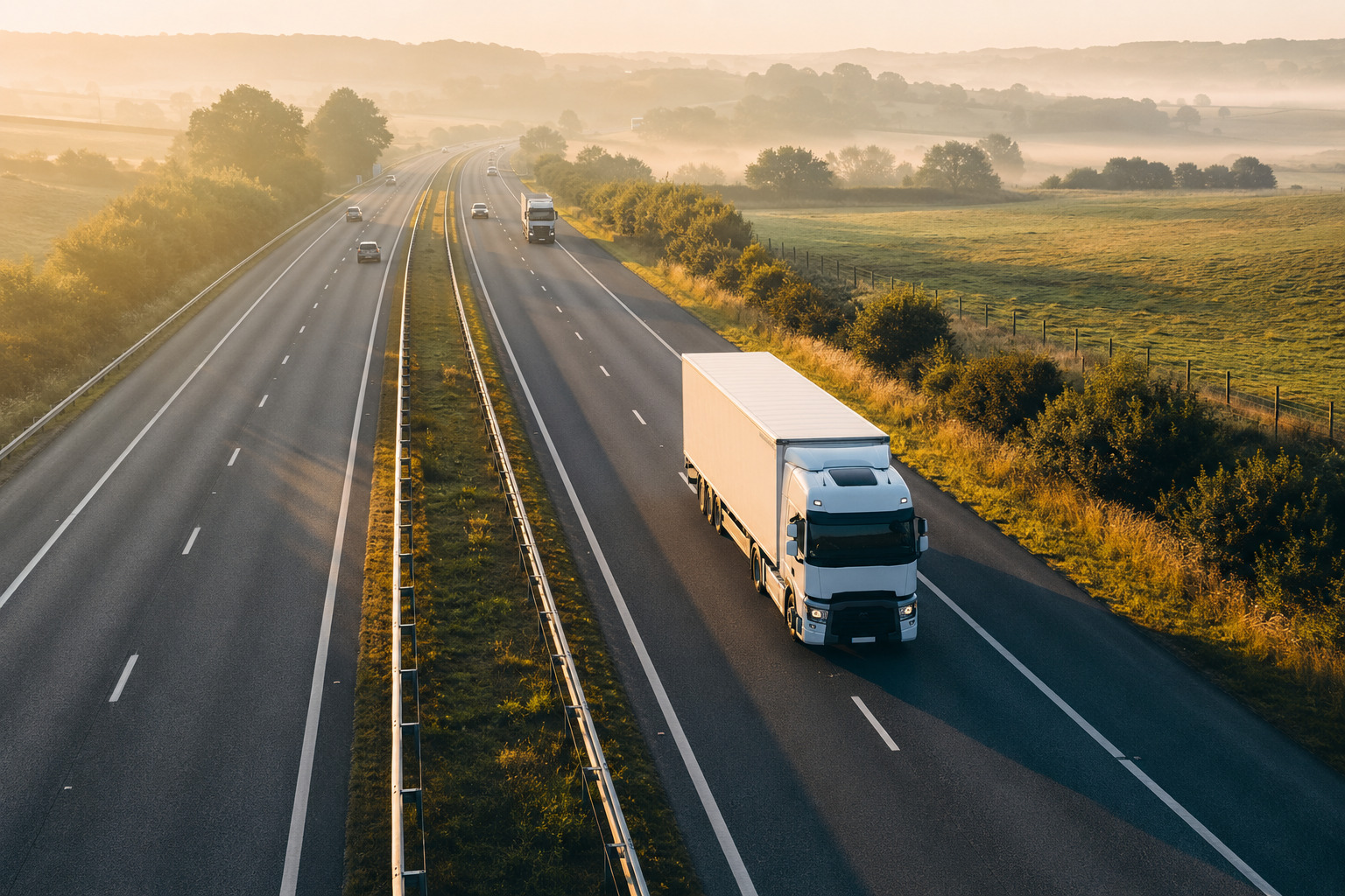 White HGV lorry on a UK motorway at sunrise representing local haulage and road freight services across High Wycombe and South England