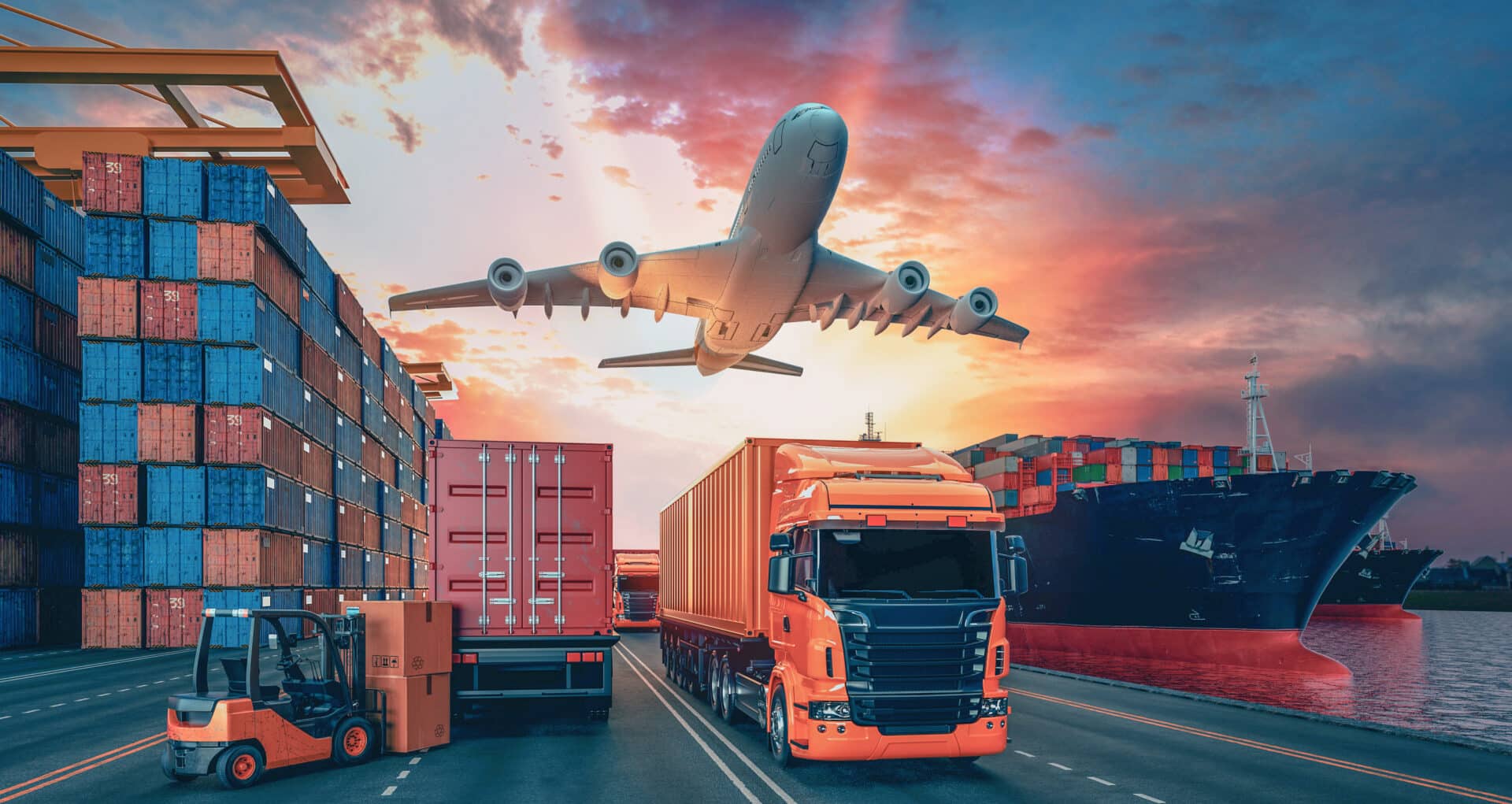 Aeroplane, truck and forklift with shipping container. HP Transport Solutions for haulage and logistics, High Wycombe